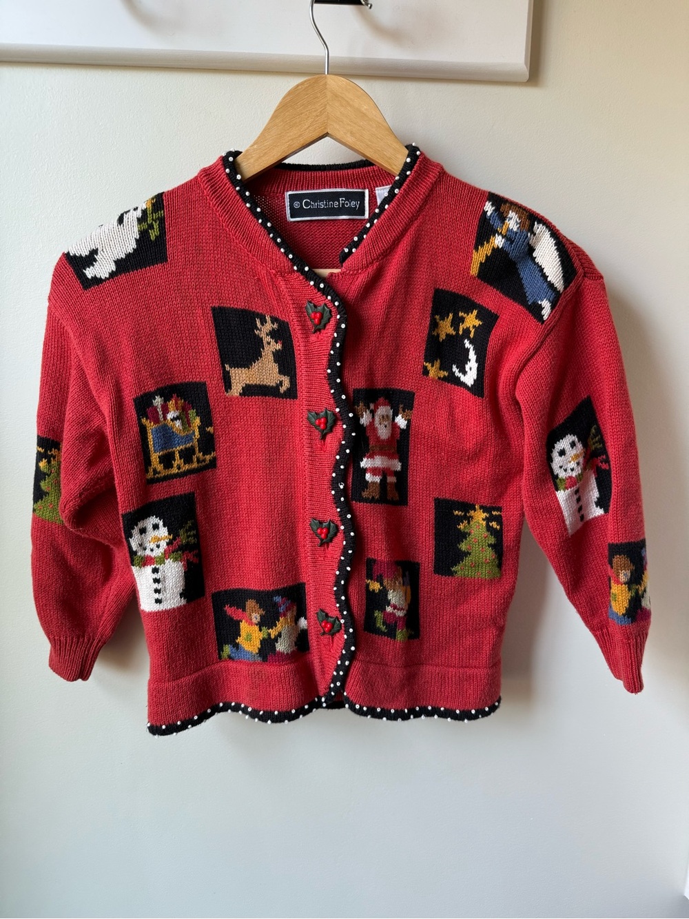 CHRISTINE FOLEY VTG Holiday Christmas Cardigan Sweater Cottagecore Girl‎ 5 6